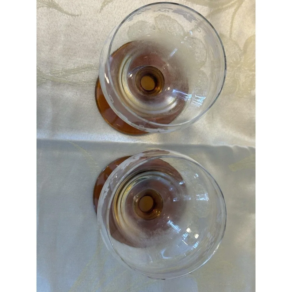 German Roemer Wine Glasses Etched Grape Leaves Amber Beehive Stem Set of 2